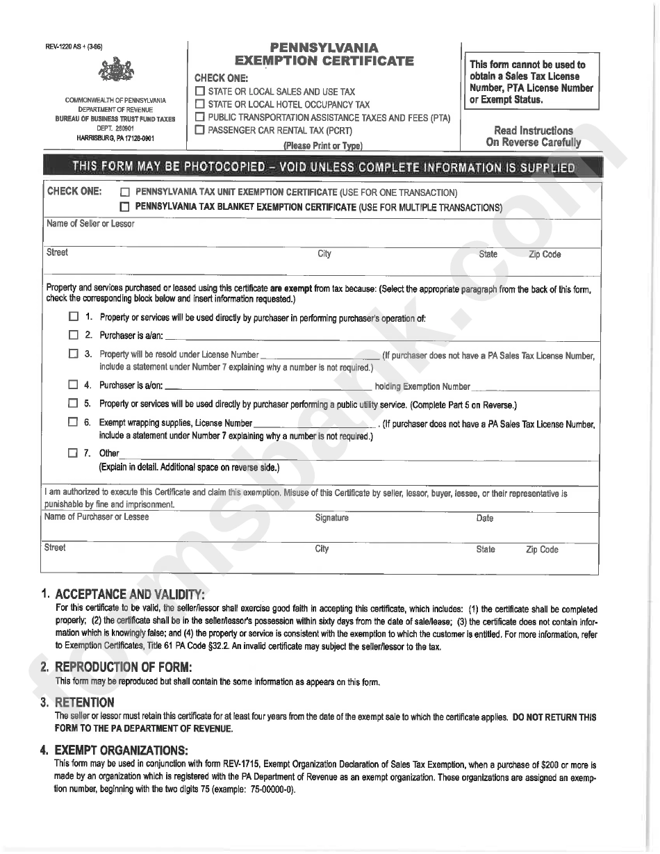 Pa Tax Exempt Form Printable