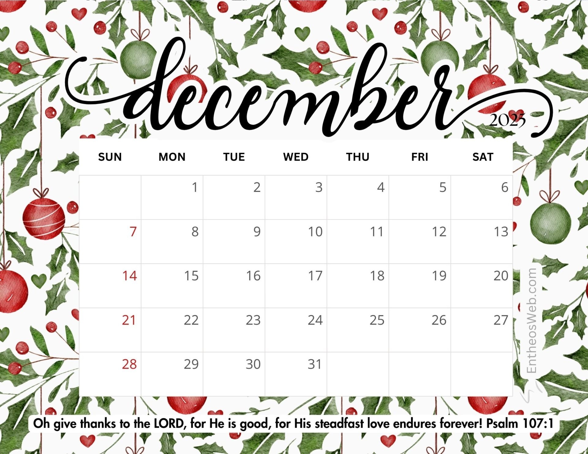 Printable Christian December 2025 Calendars With Bible Verses 