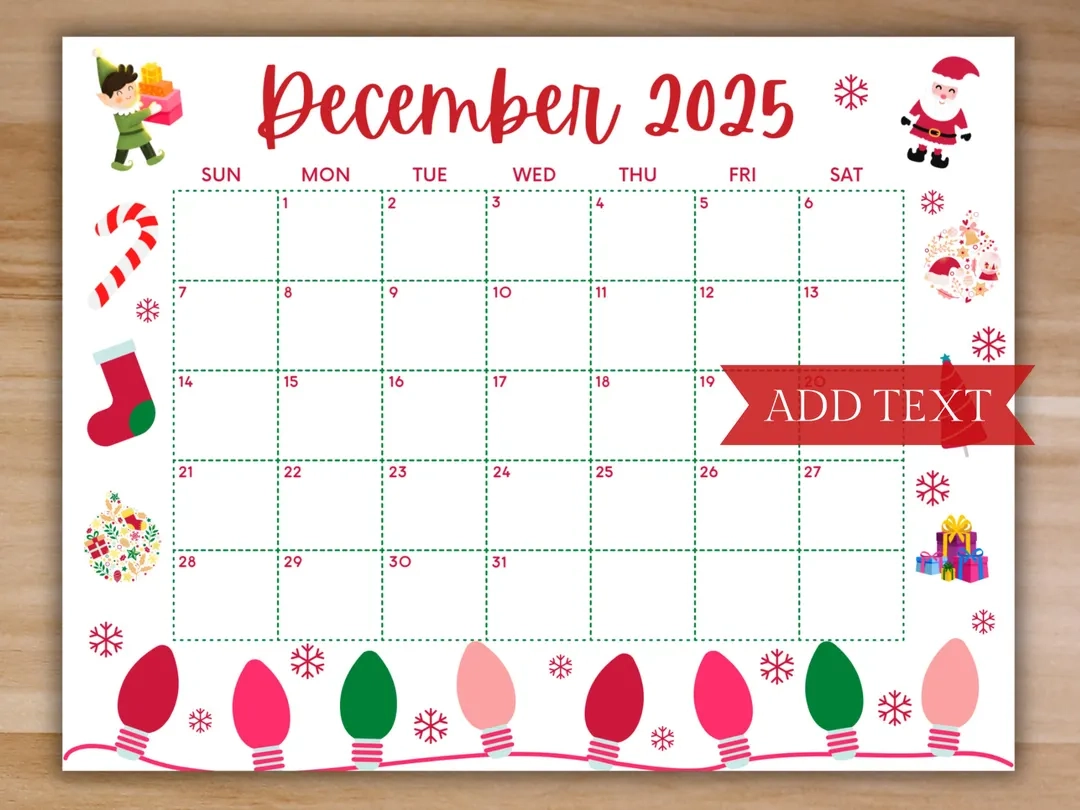 Printable December Calendar 2025 Christmas Calendar Holiday 