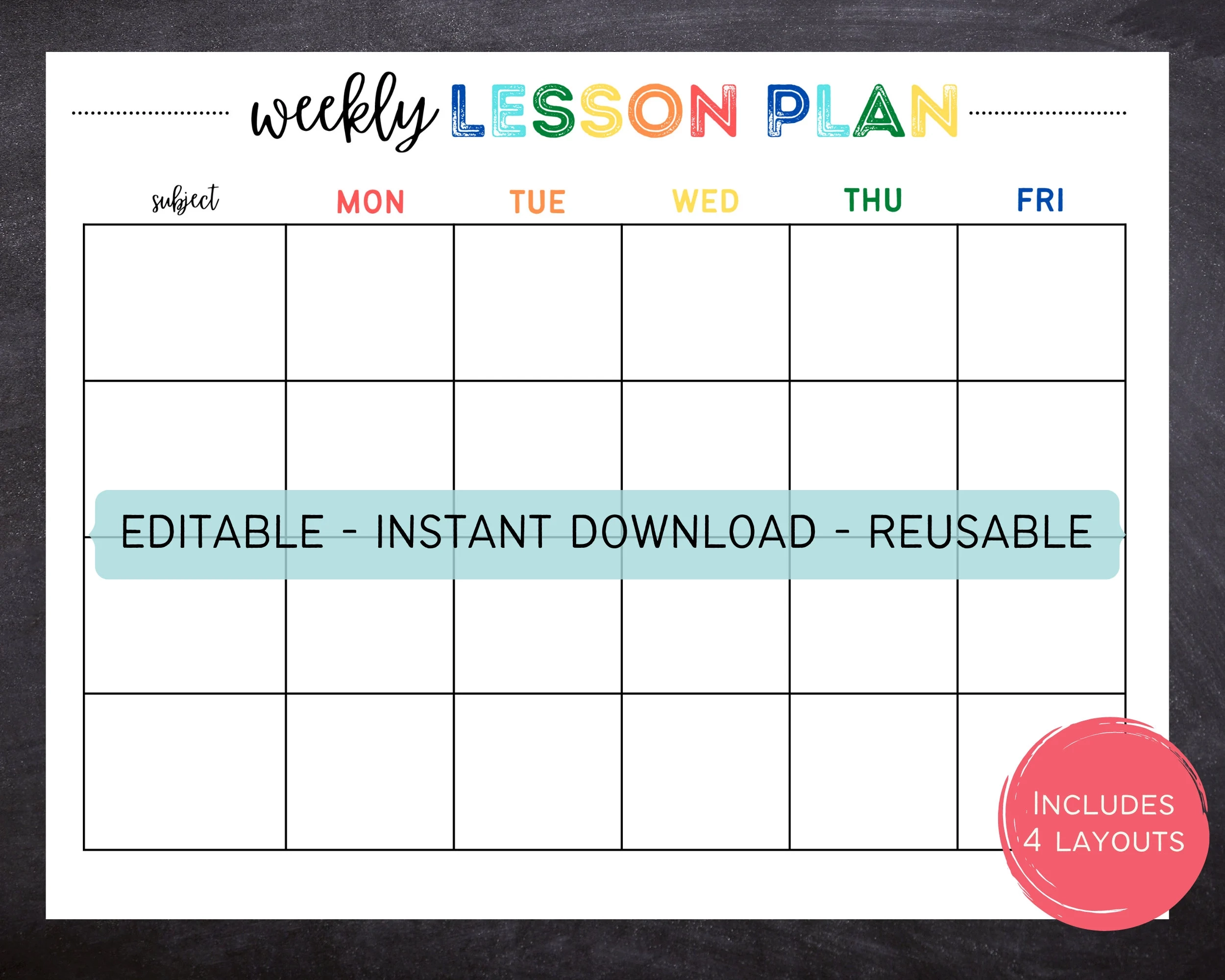 Printable Editable Weekly Lesson Plan Simple School Schedule 