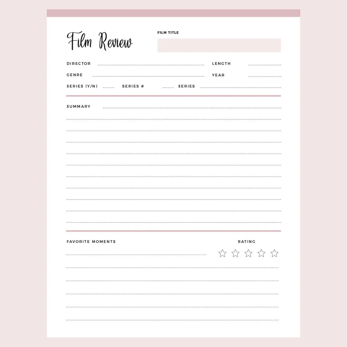 Printable Film Review Template Instant Download PDF A4 amp US 