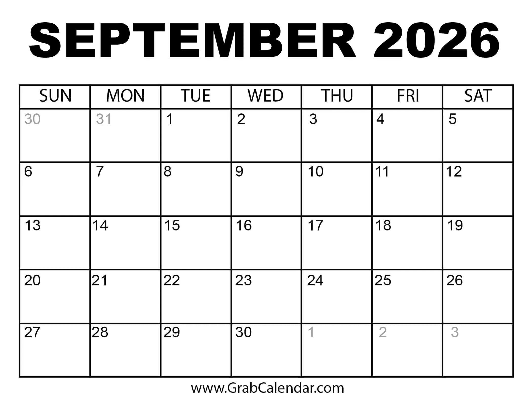 September To December 2026 Printable Calendar