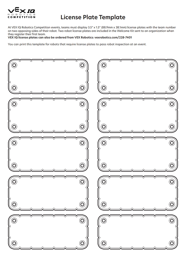 Printable VEX IQ Robotics Competition License Plate RECF Library