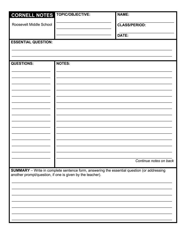 Roosevelt Middle School Cornell Notes Form Fill Online 