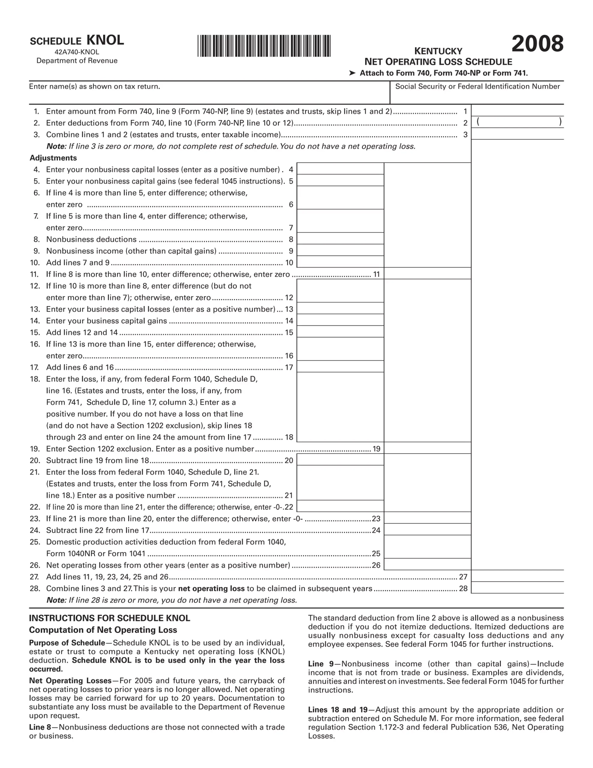 Schedule KNOL 740 Kentucky Net Operating Loss Schedule Form 