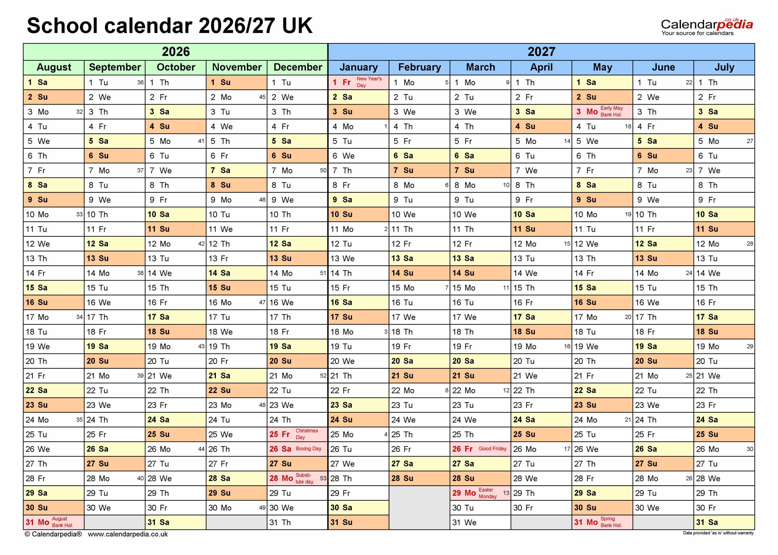 School Calendars 2026 27 UK Free Printable Word Templates