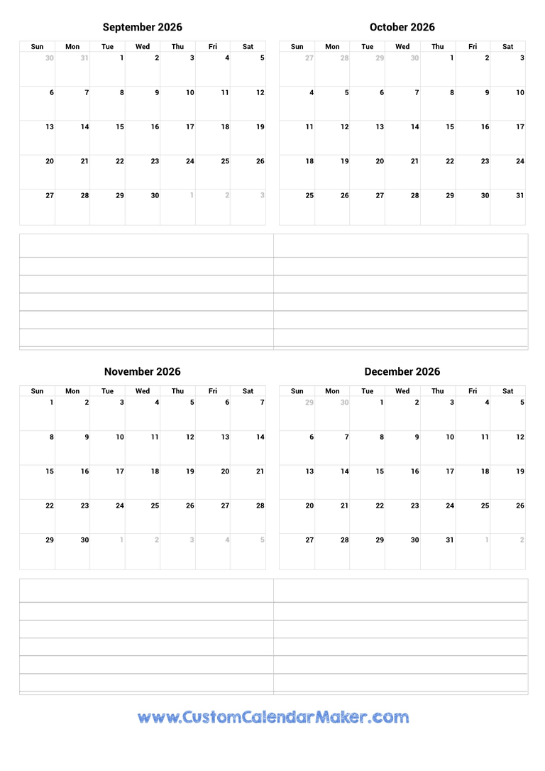 September To December 2026 Printable Calendar Custom Calendar Maker