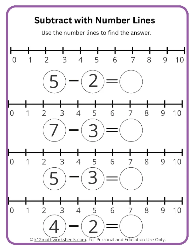 Subtract With Number Lines K12 Math Worksheets