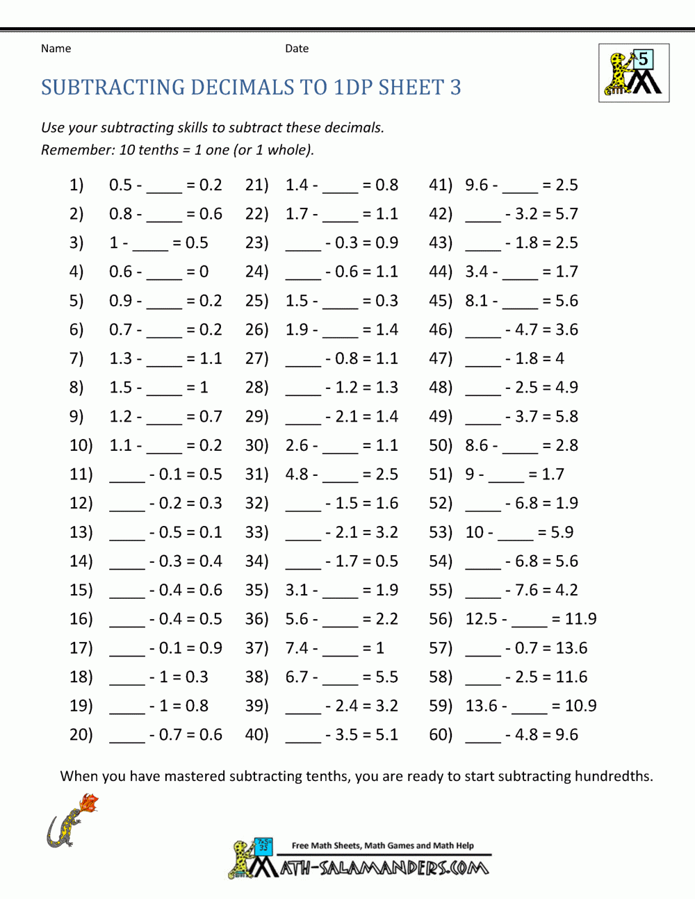 Free Printable Math Decimal Worksheets