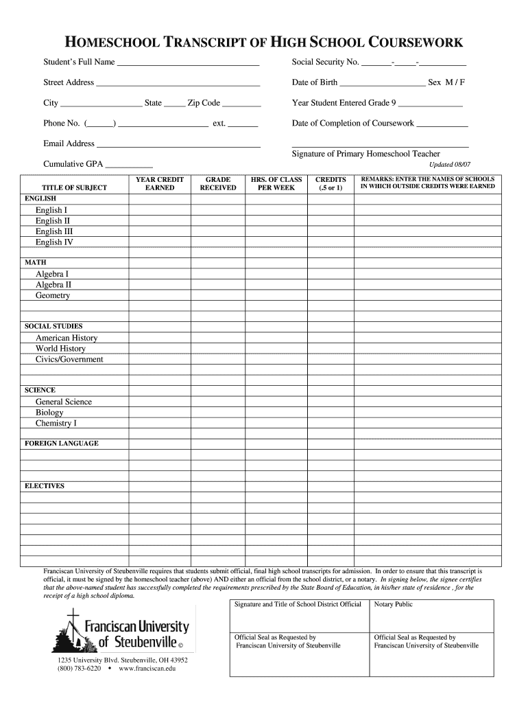 Free Printable Homeschool Transcript Template