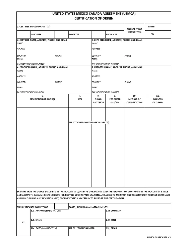 USMCA Certificate Of Origin Form Template Updated 10 21 2021 PDF