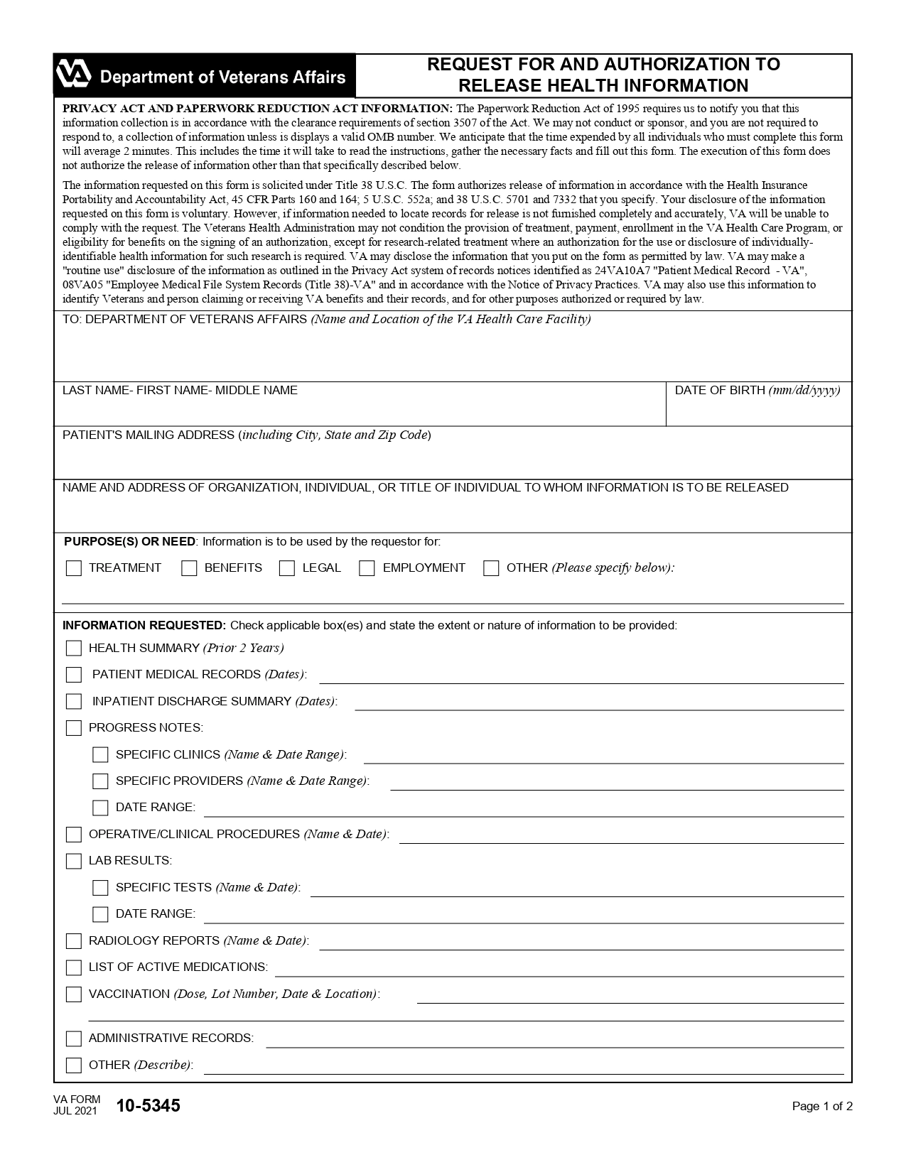 VA Form 10 5345 Fill Out Printable PDF Forms Online
