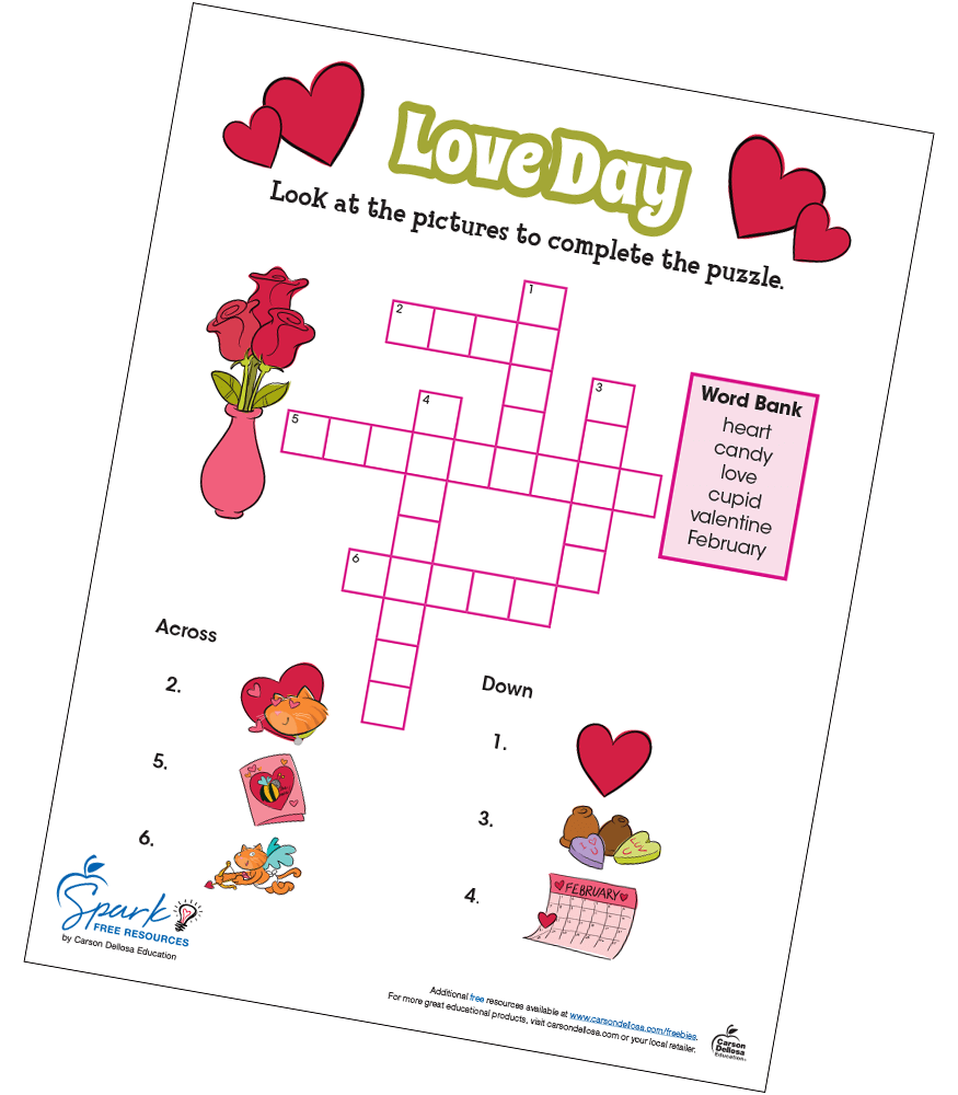 Valentine s Day Love Day Crossword Puzzle Free Printable Carson 