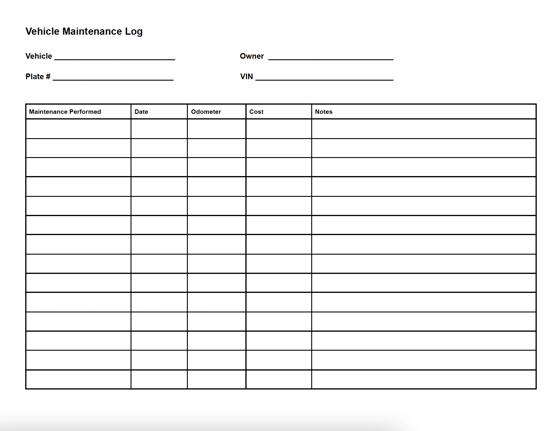 Printable Maintenance Log Template