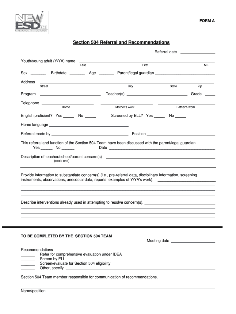 WA Section 504 Referral And Recommendation Form Fill Online 