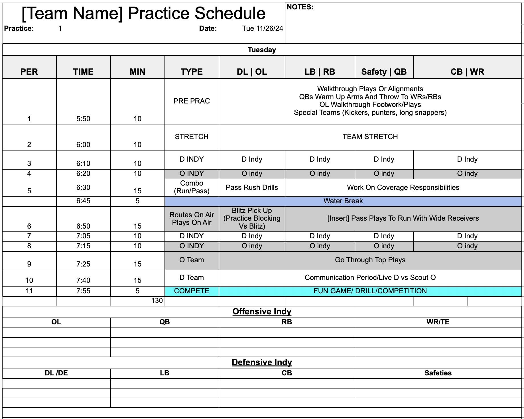 Excel Printable Football Practice Plan Template