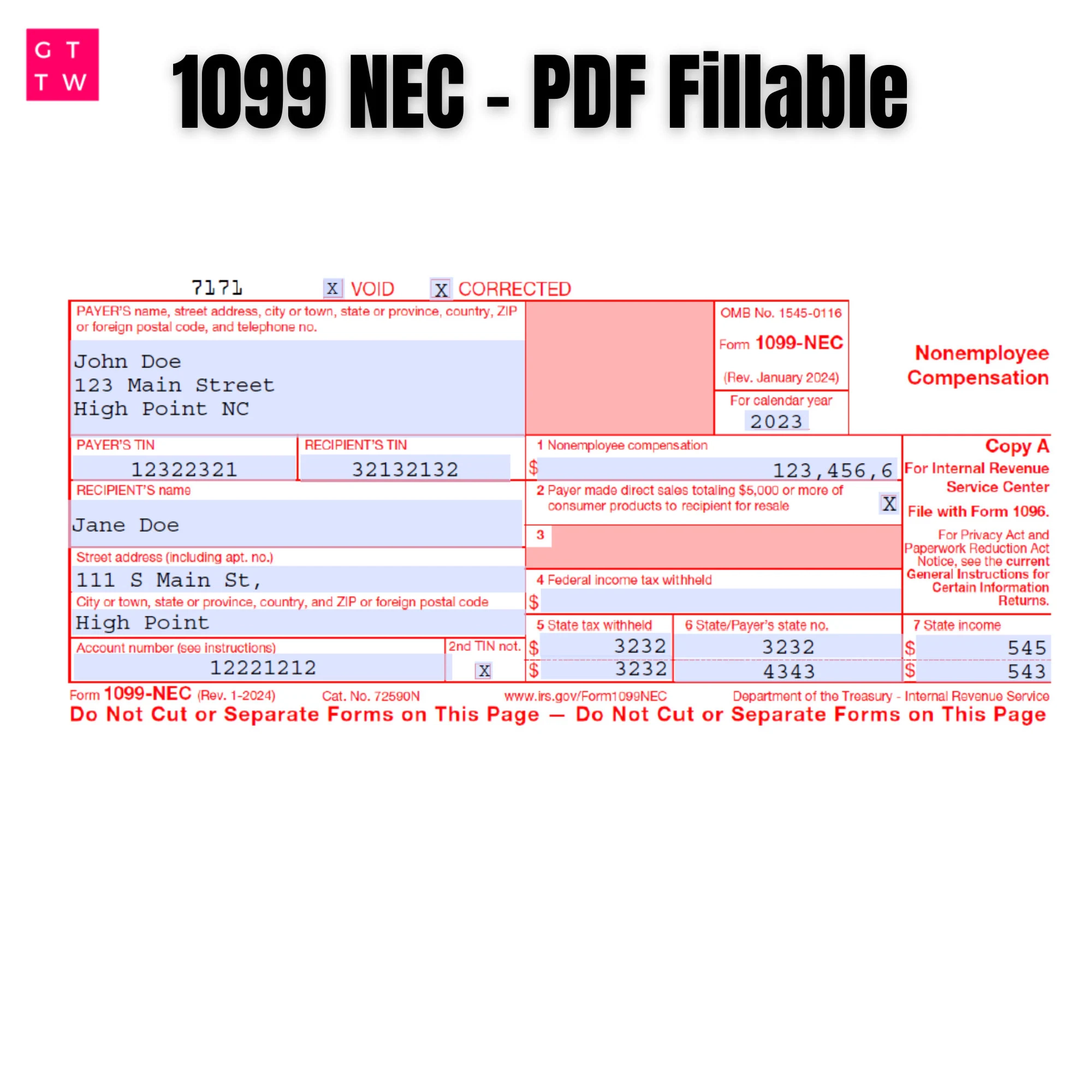 1099 NEC Bearbeitbare PDF Ausf llbare Vorlage 2024 Mit Print Und 