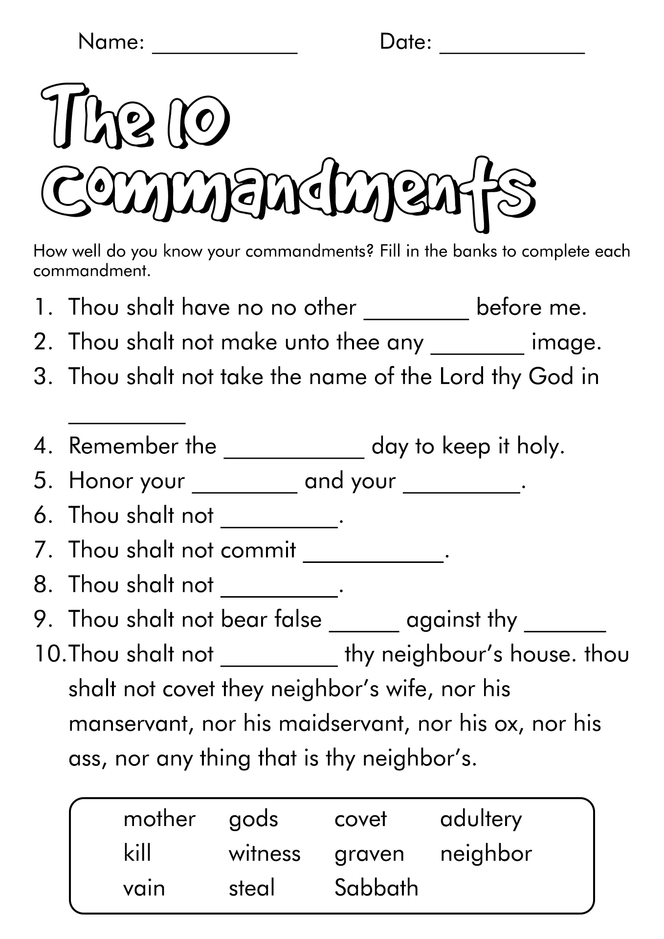 Free Printable Ten Commandments Worksheets