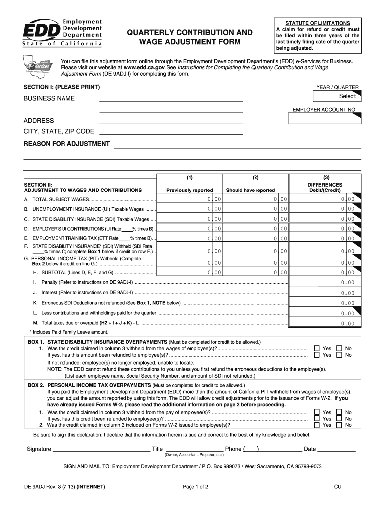 2013 2025 Form CA DE 9ADJ Fill Online Printable Fillable Blank 