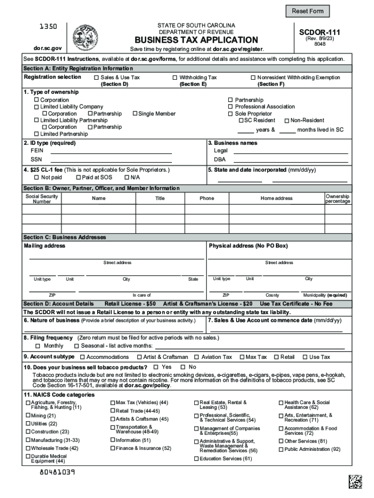 2023 2025 SC DoR SCDOR 111 Formerly SCTC 111 Fill Online 