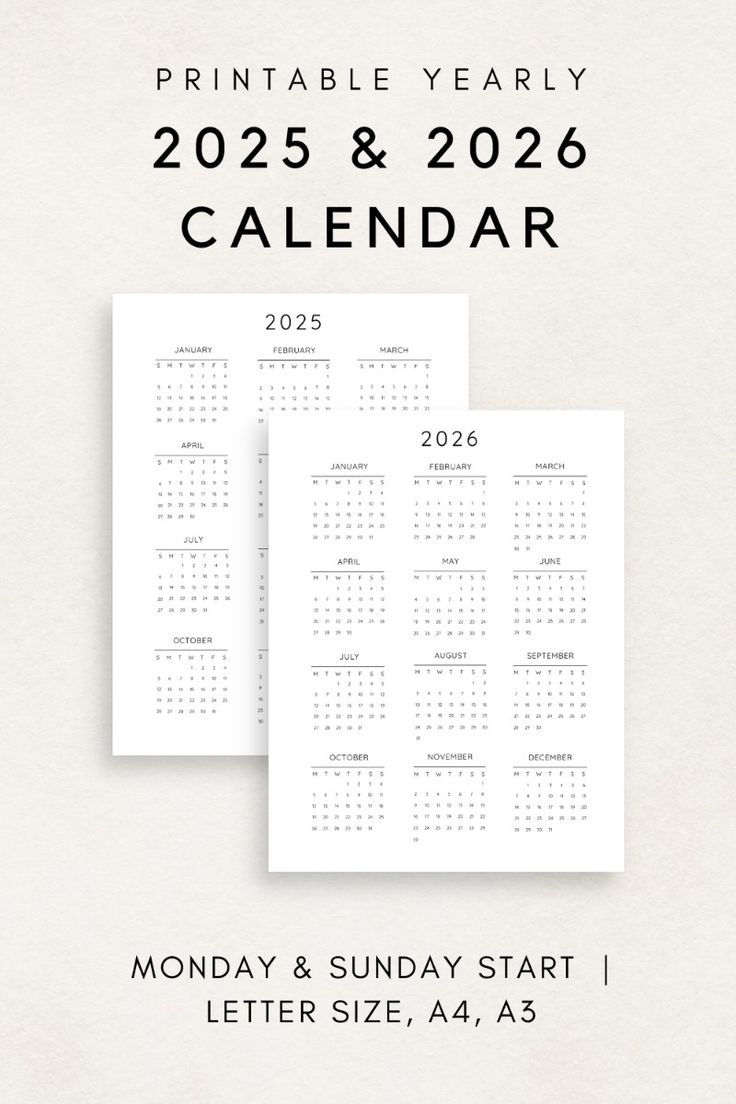 2025 2026 Yearly Calendar Printable Calendar 2025 2026 Calendar 
