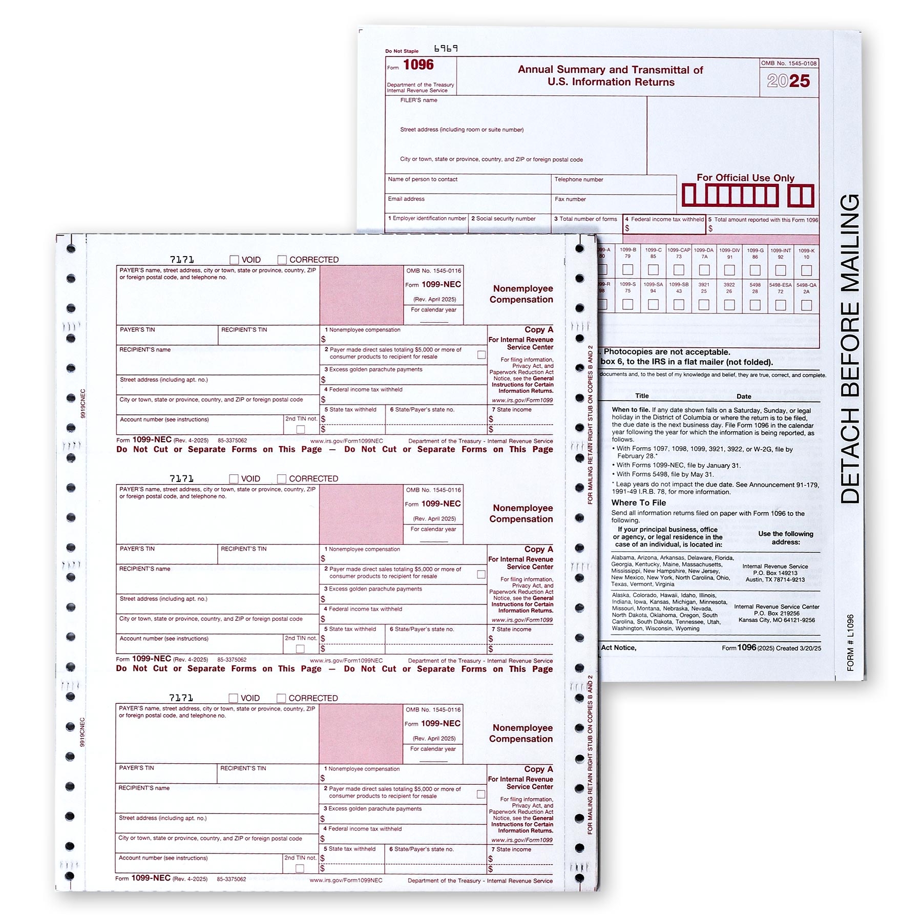 2025 Adams 2299 NEC 1099 NEC Continuous Tax Forms 4 Part