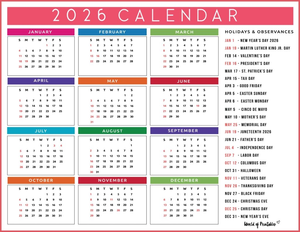 Federal Holidays 2026 Calendar With Holidays Printable