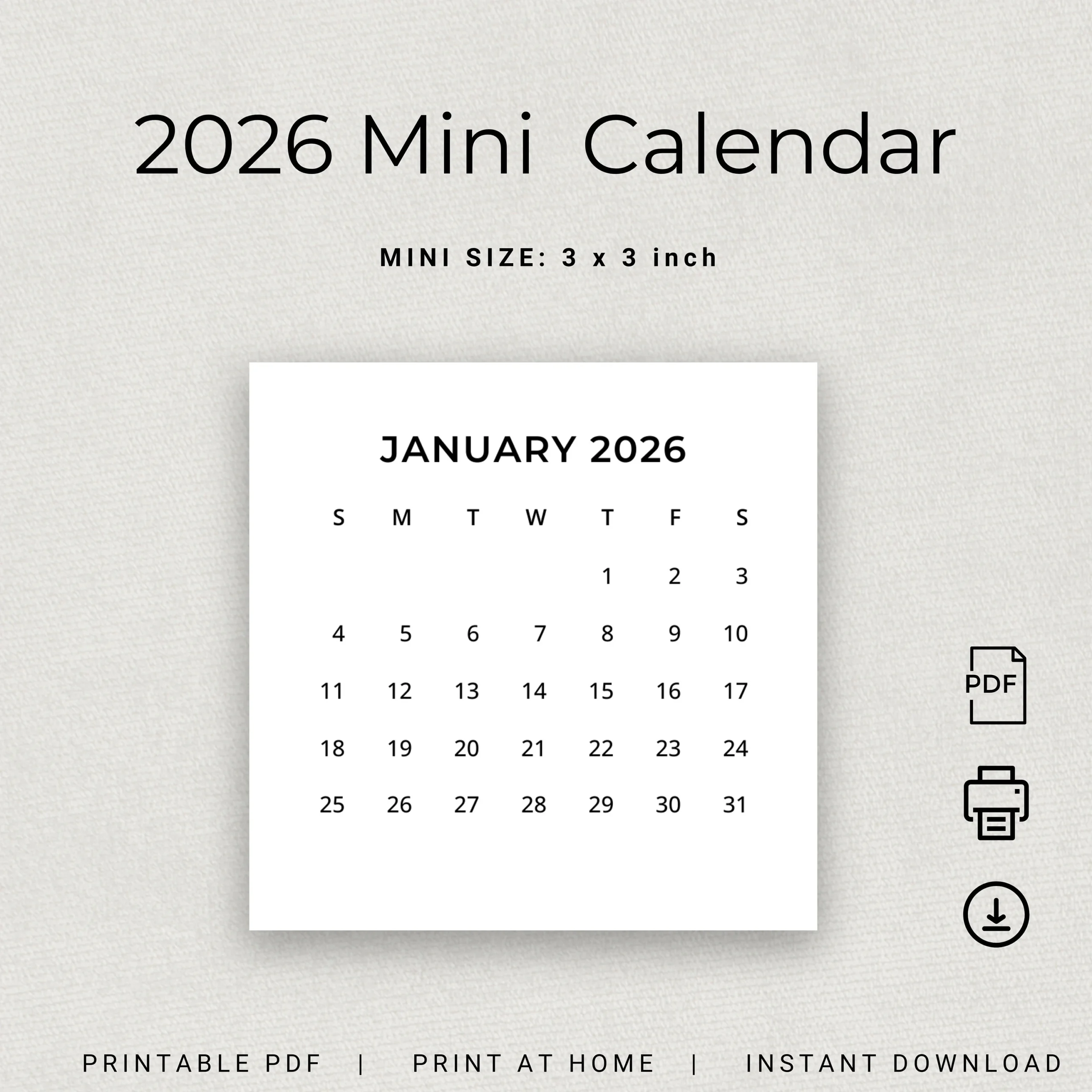 2026 Mini Calendar 2026 Small Calendar Printable 2026 Minimalist 