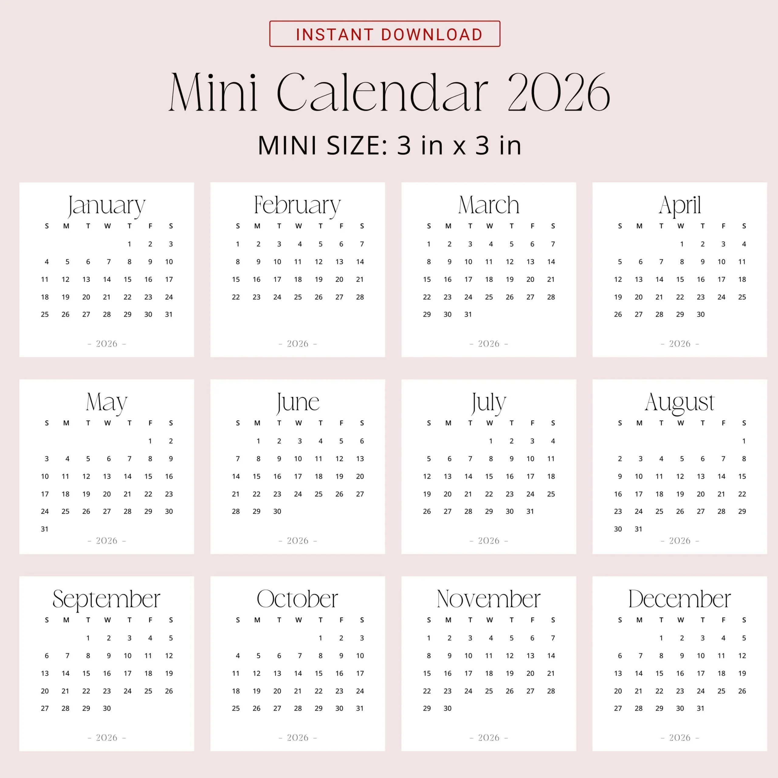 Mini Calendar Printable 2026