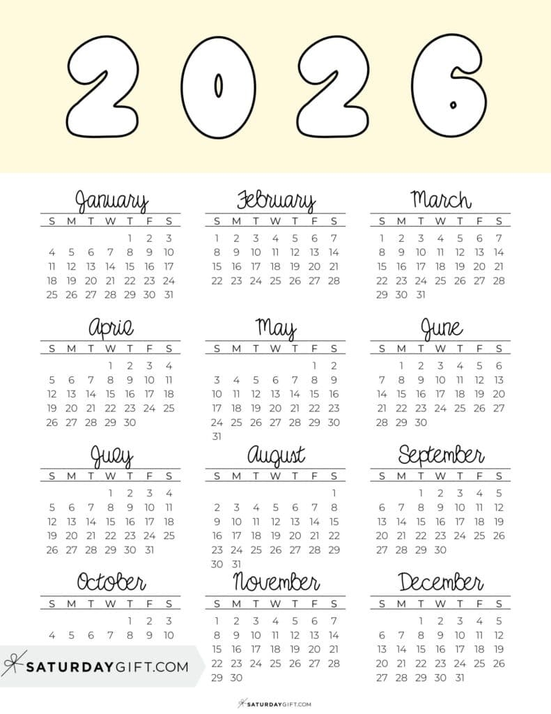 Blank Year Calendar 2026 Printable