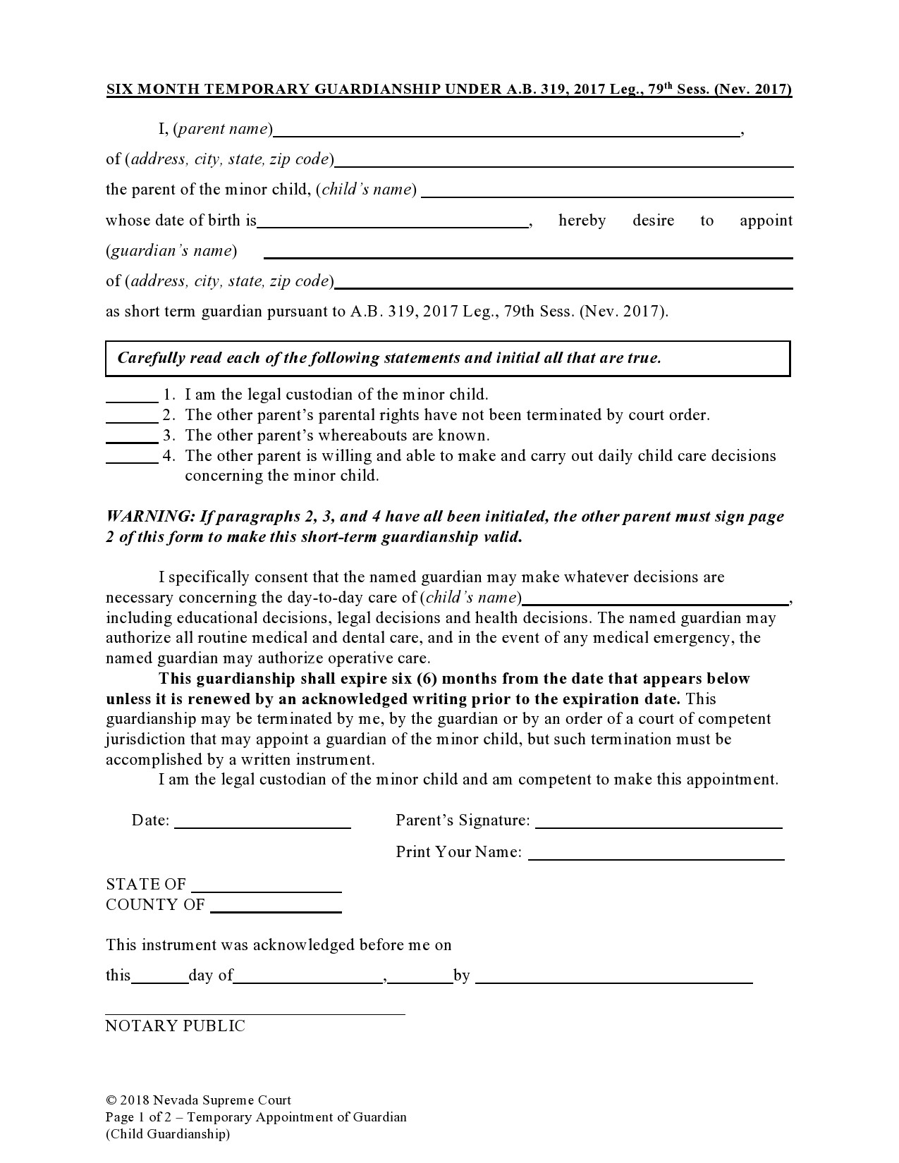 Printable Temporary Custody Form