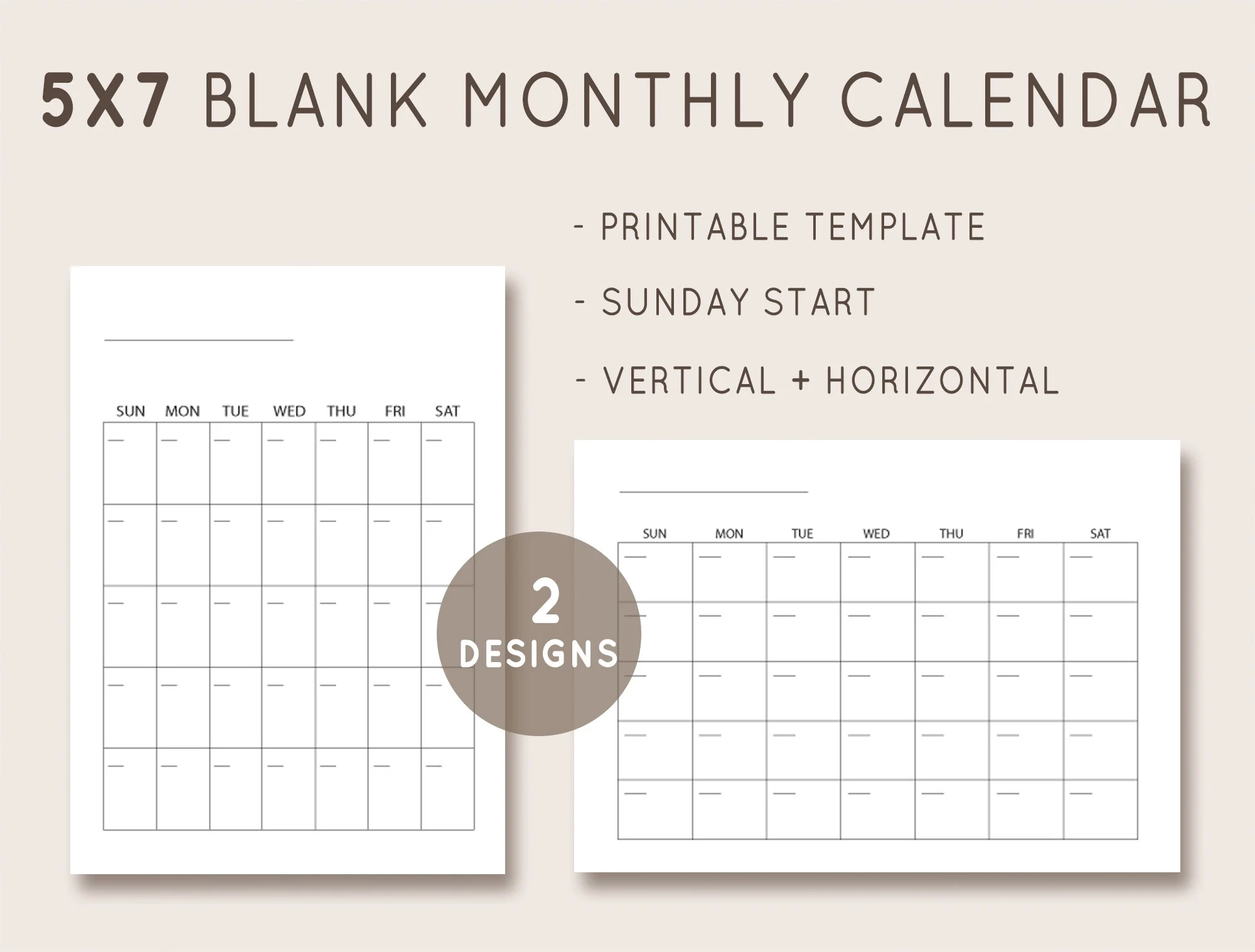 5x7 Calendar Blank Calendar Template Undated Monthly Calendar 