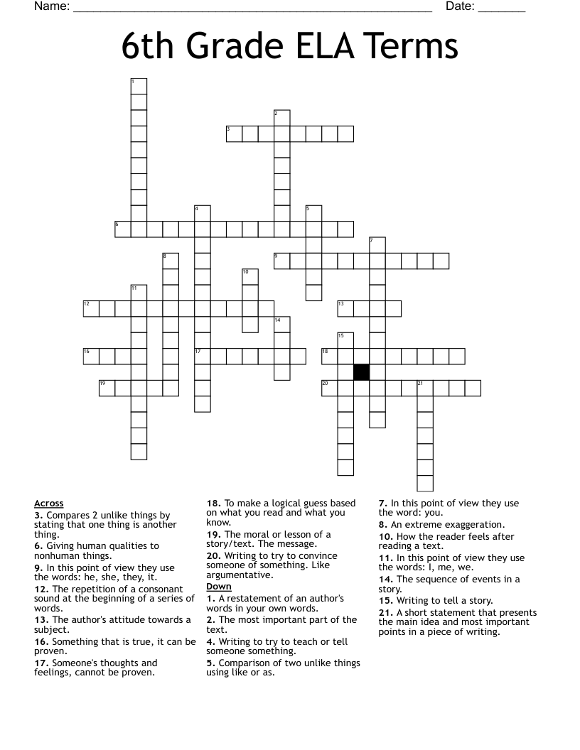 6th Grade ELA Terms Crossword WordMint