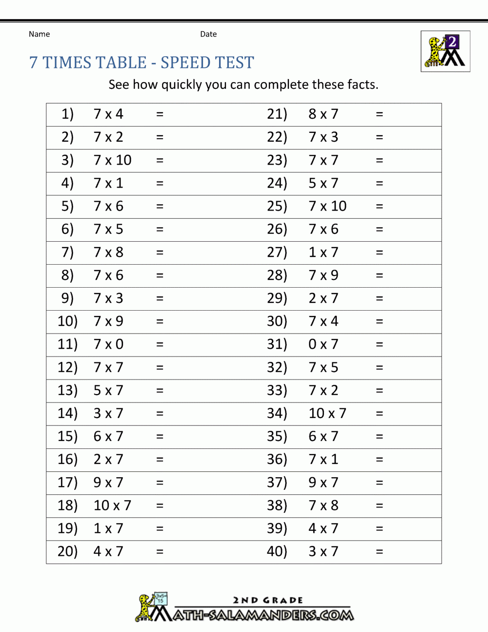 Printable Times Tables Worksheet