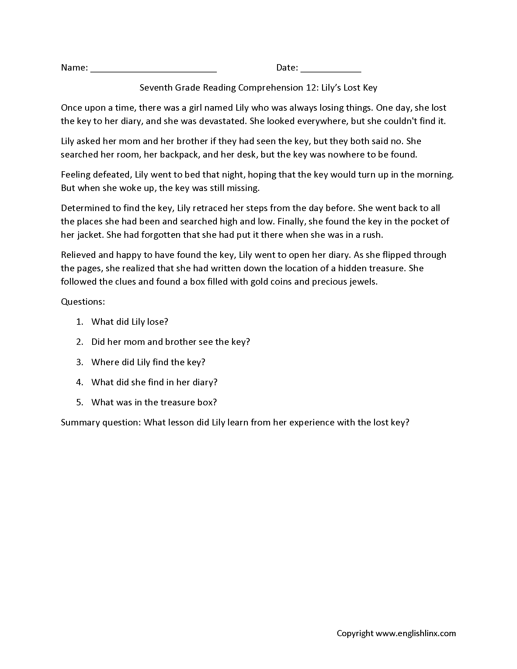 Free Printable Reading Worksheets 7th Grade