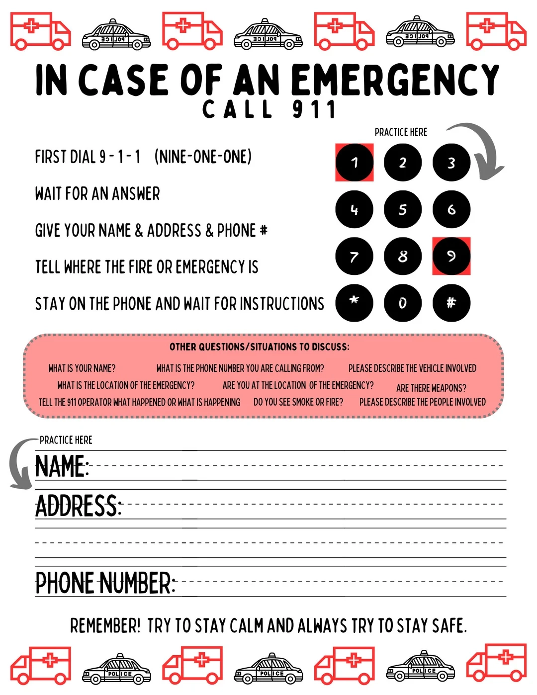 911 Emergency Practice Worksheet For Kids PDF Tis The Season 