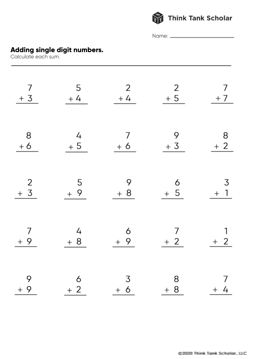 Free Math Addition Facts Worksheets Printable