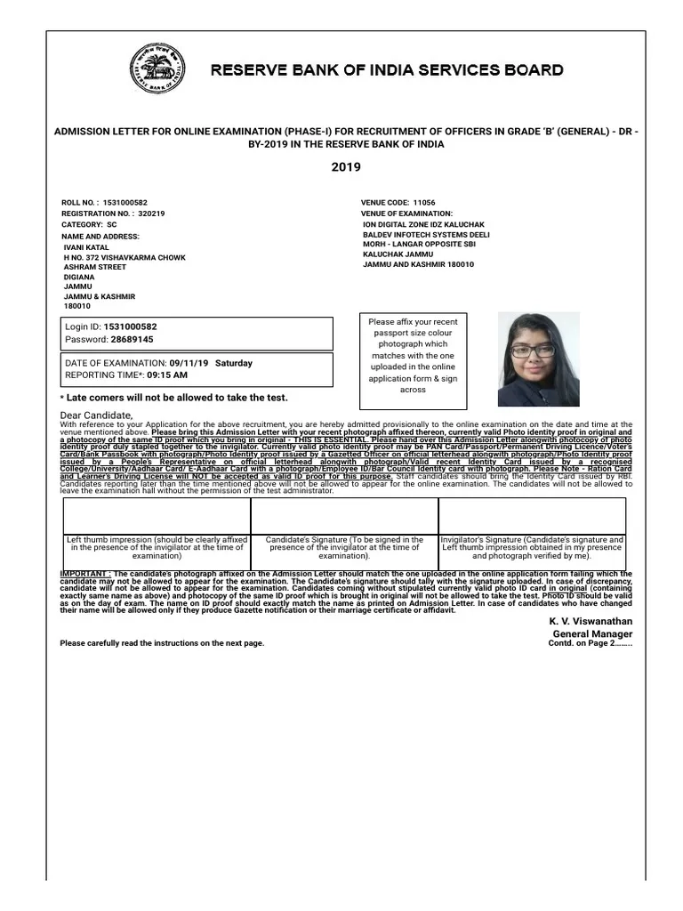 Admission Letter For Online Examination Phase I For Recruitment 