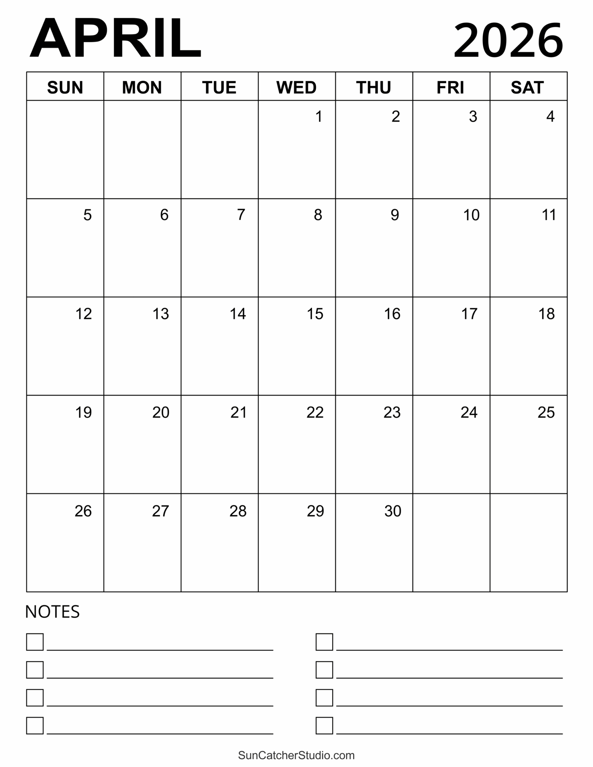 April 2026 Printable Blank Calendar
