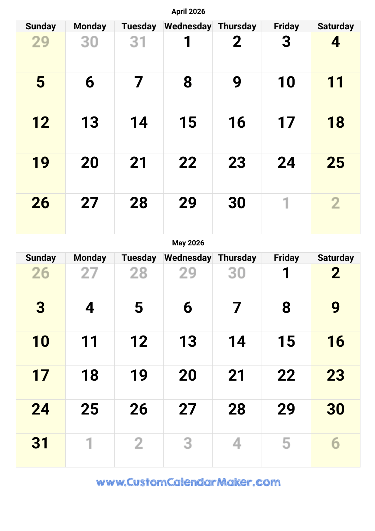 March April May 2026 Calendar Printable