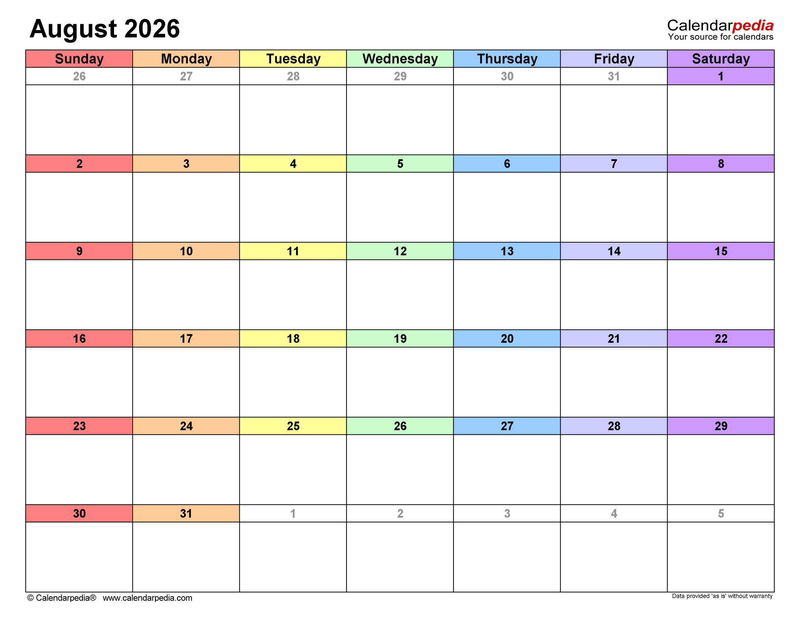 Blank Calendar August 2026 Landscape
