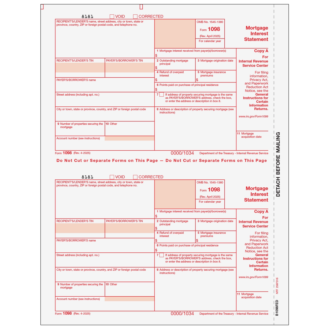 B1098FED05 Form 1098 Mortgage Interest Statement Copy A Federal