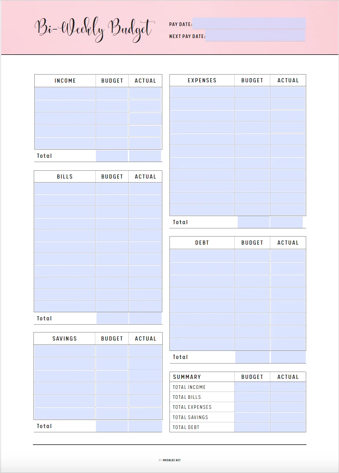 Free Printable Biweekly Budget Worksheets