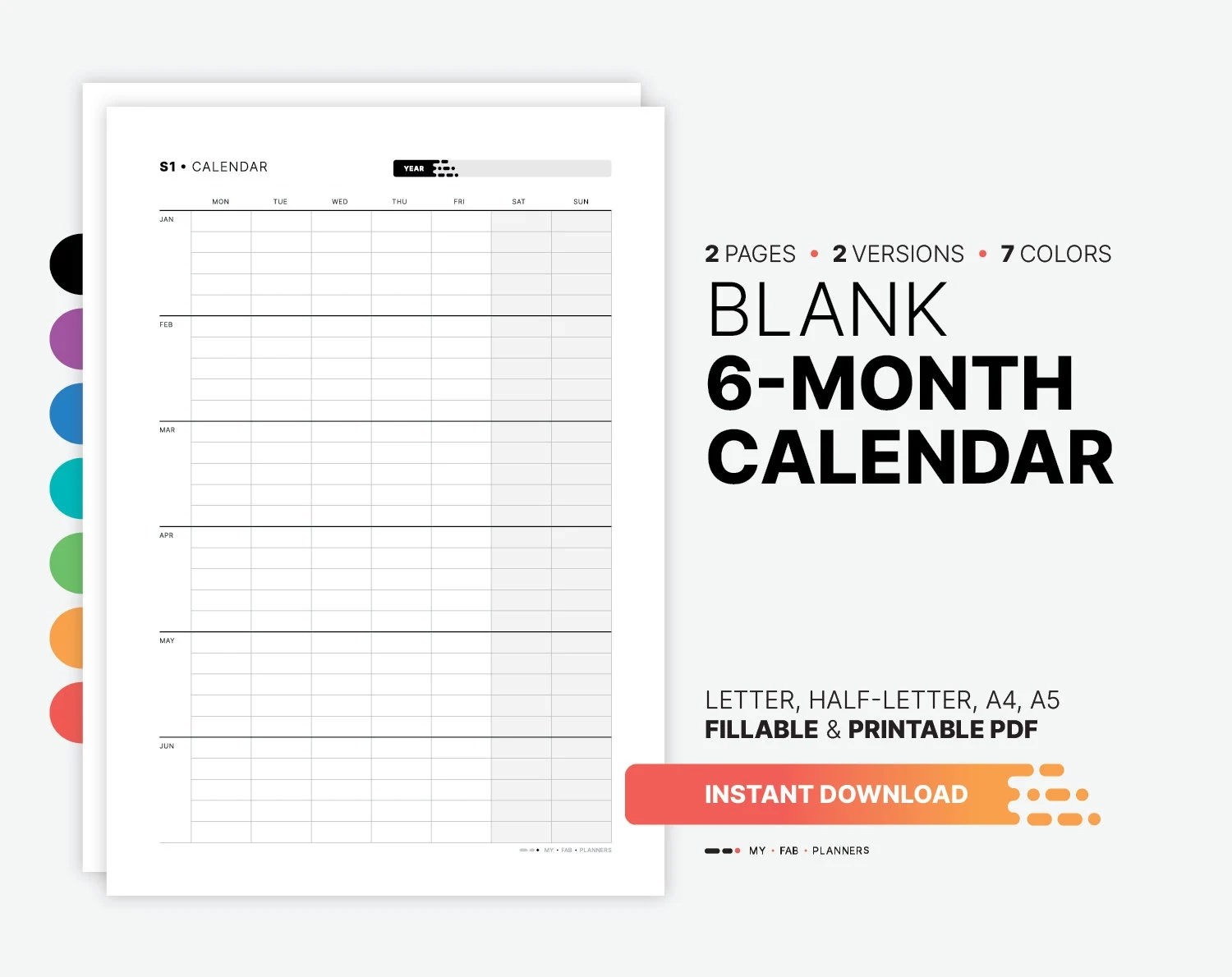 Blank 6 month Calendar Yearly Semester Wall Calendar Fillable 