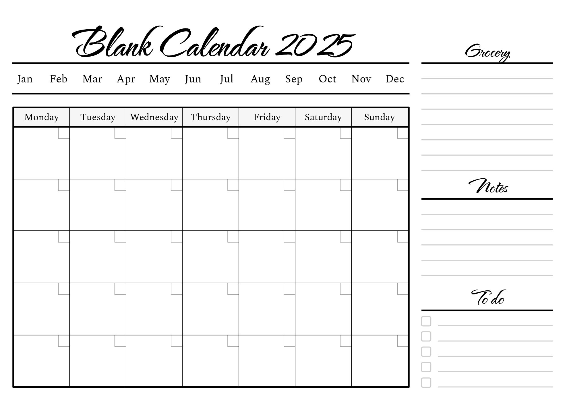 Blank 2025 Calendar Printable Free All Months