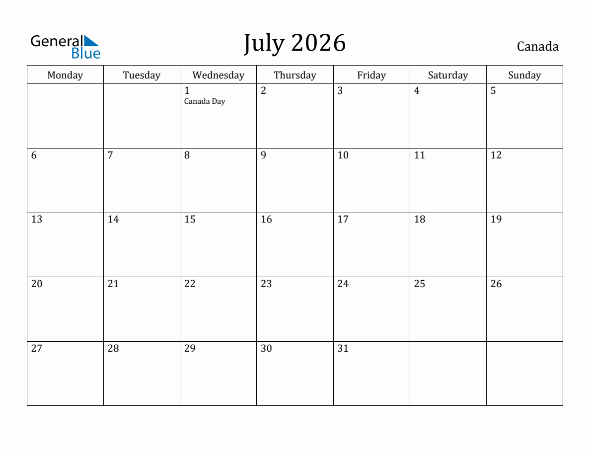 Canada Monthly Calendar July 2026 Monday Start 