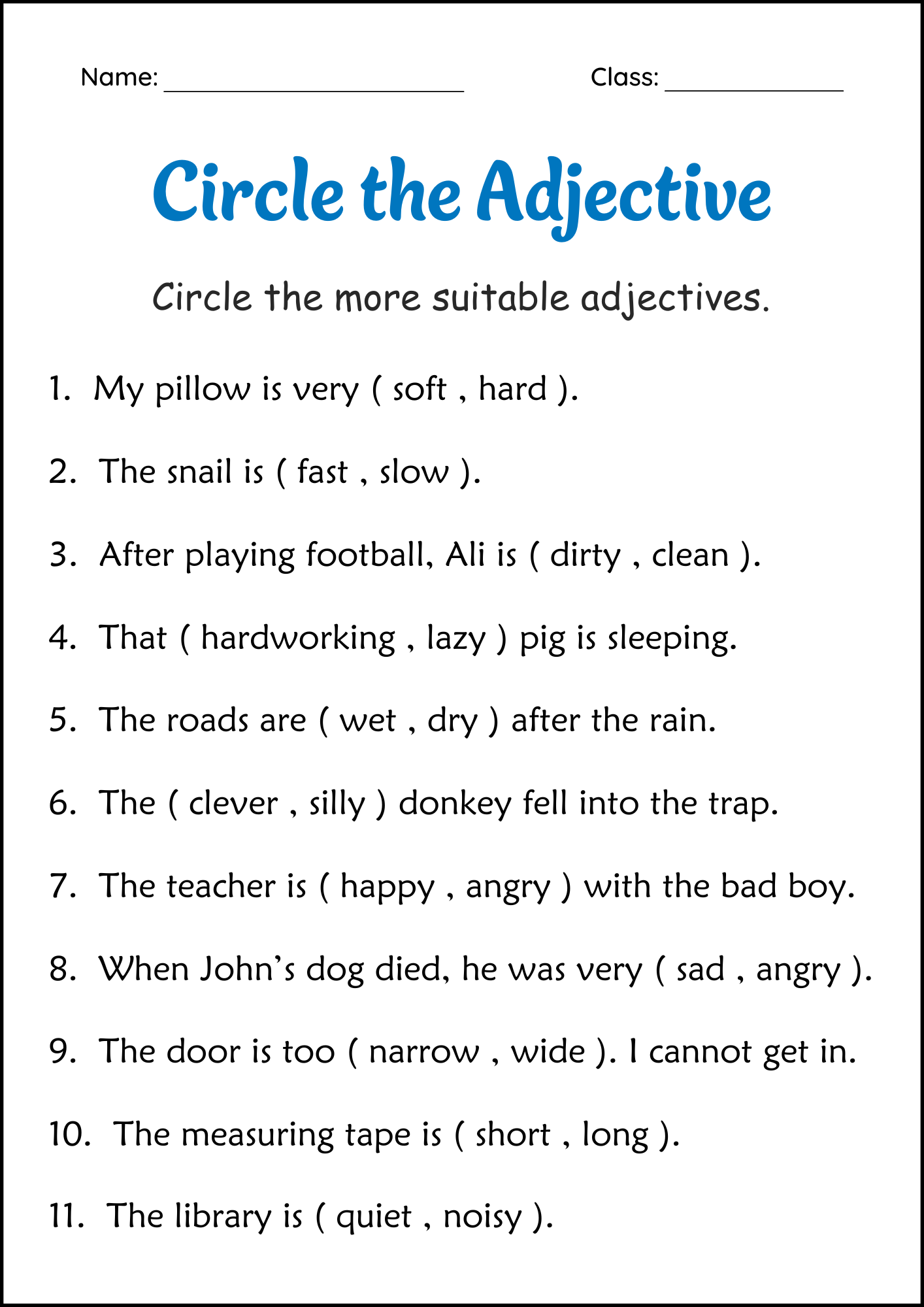 Circle The Adjectives Grammar Worksheets 2nd And 3rd Grade 