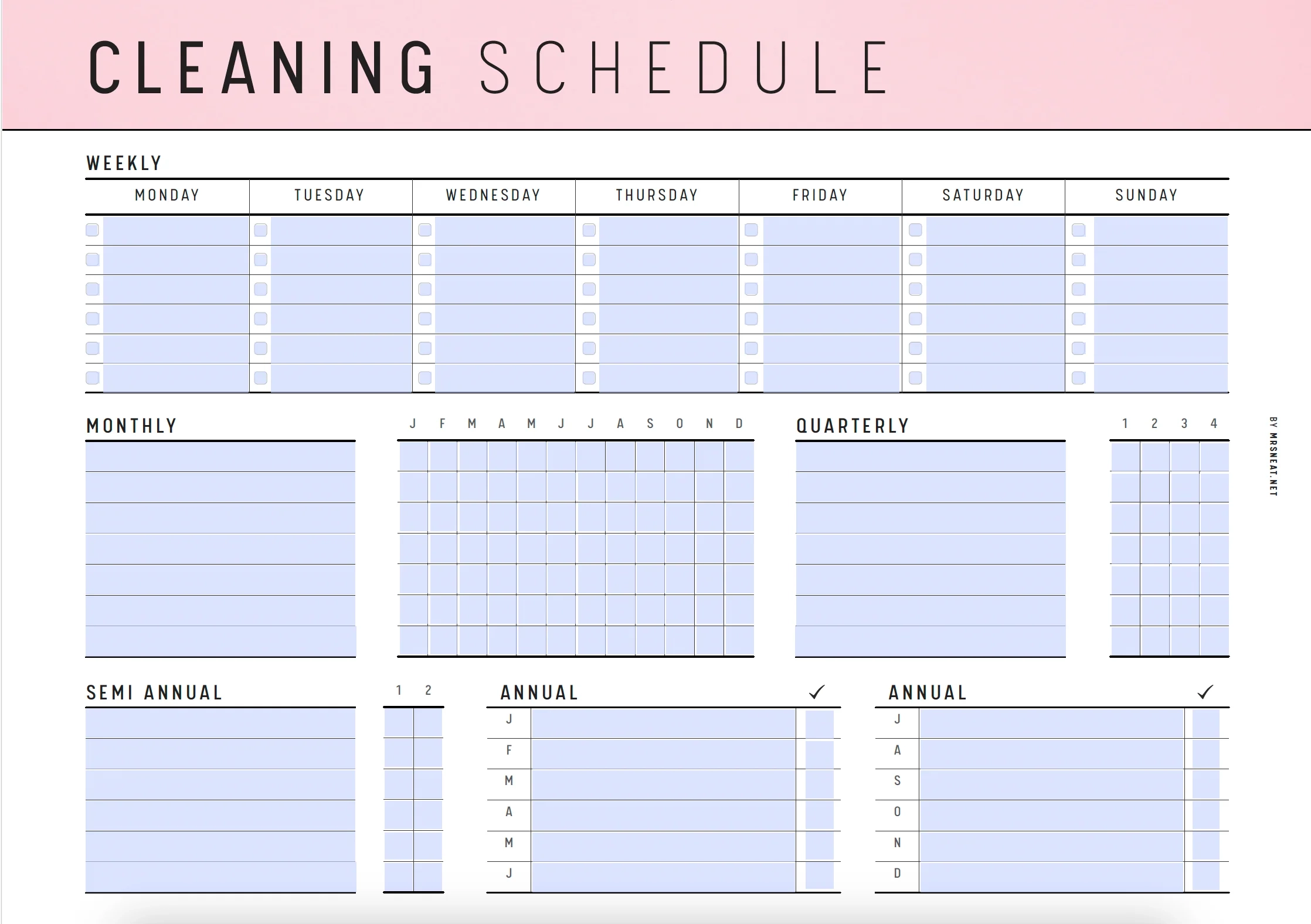 Blank Cleaning Schedule Calendar Printable