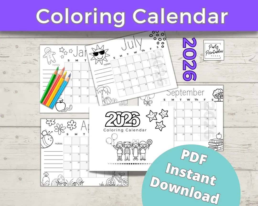 COLORING CALENDAR 2026 Kids PDF Printable Instant Download 