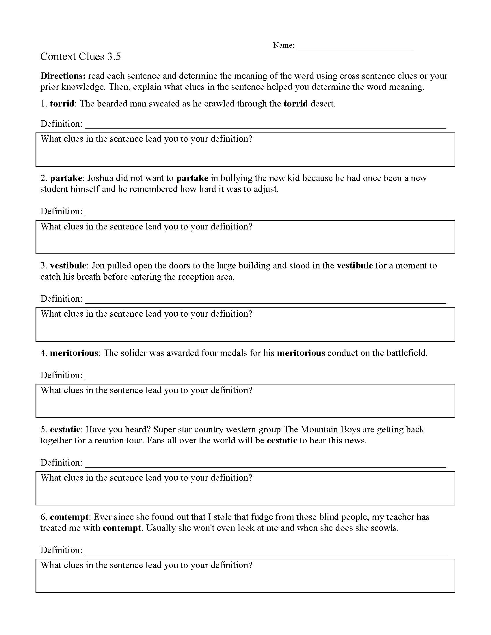 Context Clues Worksheets Ereading Worksheets
